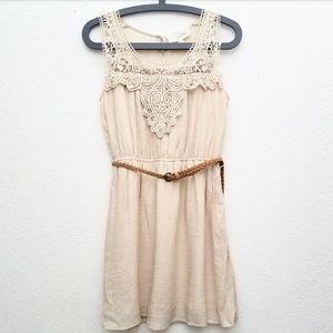 Sweet Wanderer Tan Belted Crochet Detailed Dress